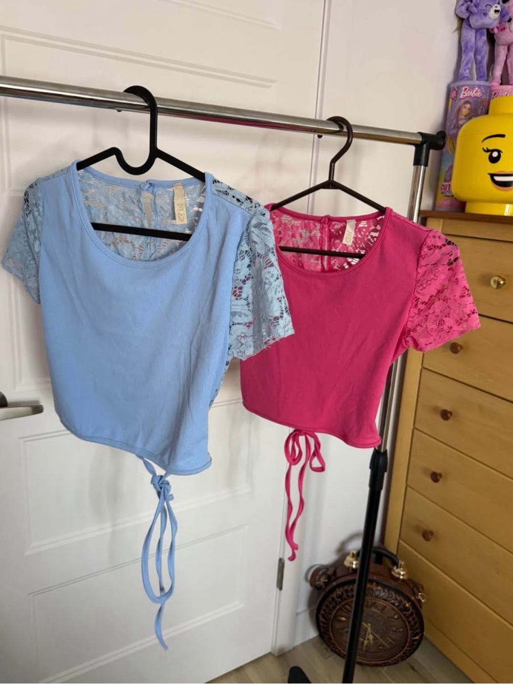 Women’s Lace Sleeve Tie-Front Top - Blue and Pink - Set of 2